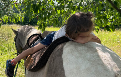 Kuschelpause im Wald: Kind liegt bäuchlings auf Pony, Sonne durch Bäume.