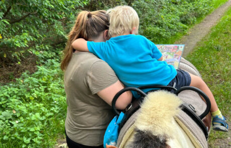 Kinderbuch wird vorgelesen auf einem Pferd.