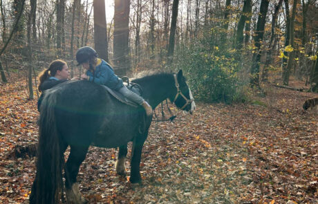Reittherapie auf dem Platz: Kind auf schwarzem Pferd, Begleitung führt.