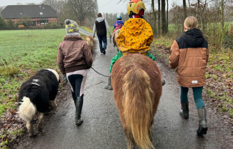 Kinder auf Ponys spazieren über nasse Dorfstraße, Hund begleitet, grauer Himmel.